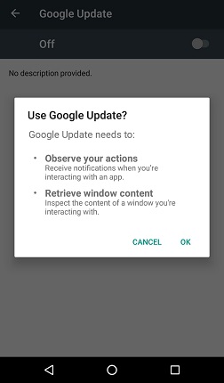 Trojan asking for Accessibility services privileges and posing as fake Google Update 2