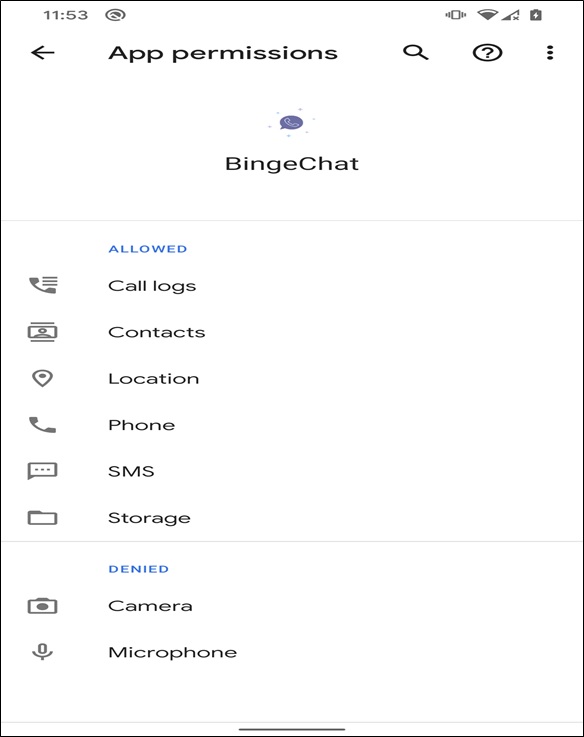 Fig.3- Permissions requested by the malicious BingeChat [Source: eSeT]