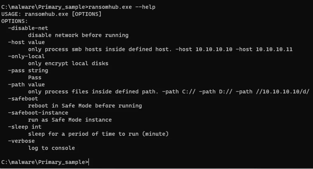 Fig.2 RansomHub command-line help menu (Source: Symantec)
